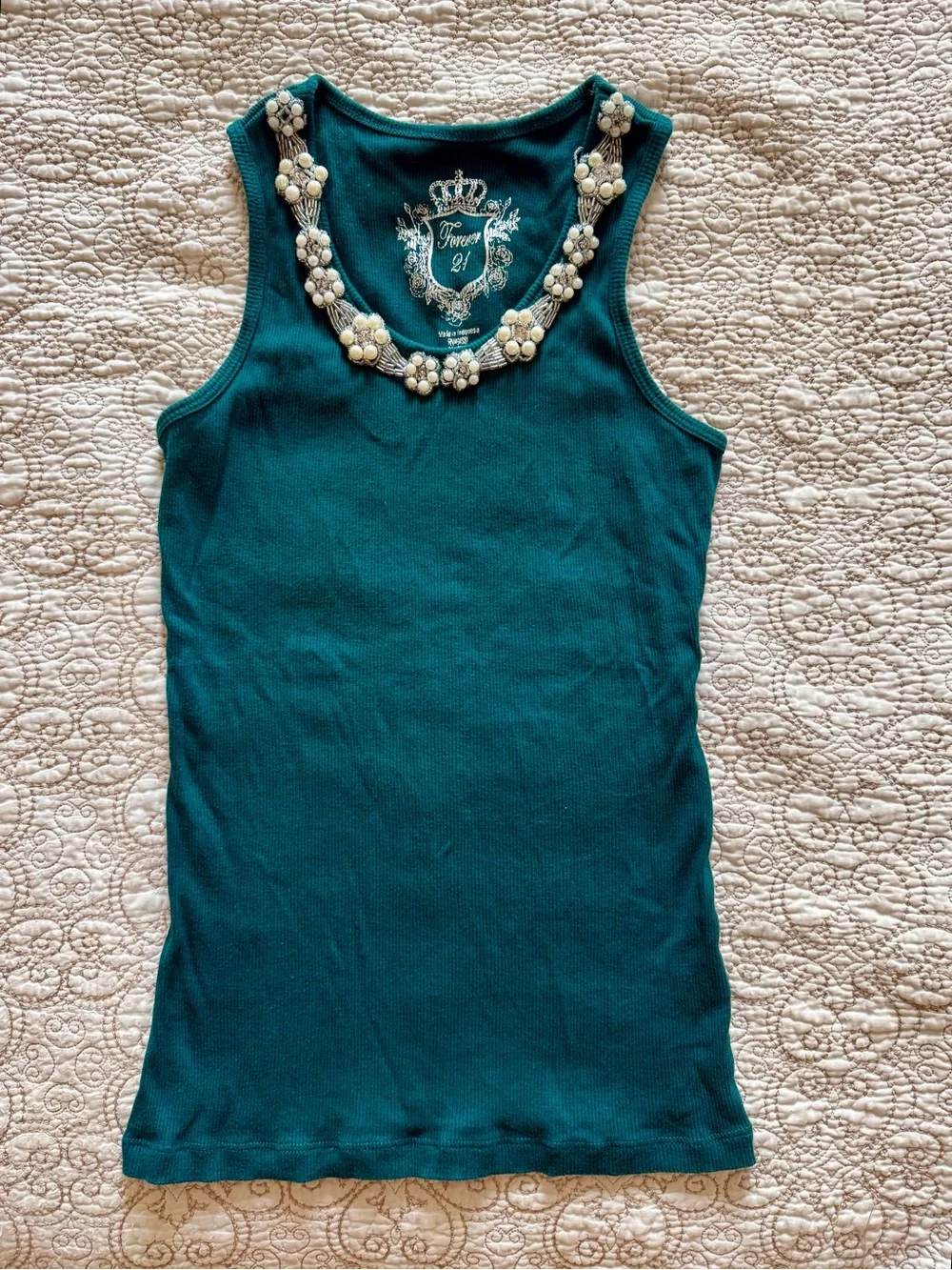 Vintage Forever 21 emerald green beaded rhinestone pearl tank top